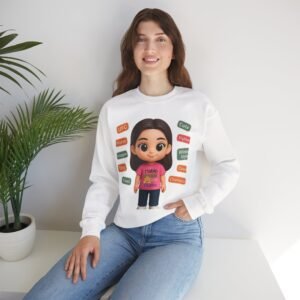 Cute Cartoon Pop Mart Girl Character sweatshirt | Colorful Word Bubble Design